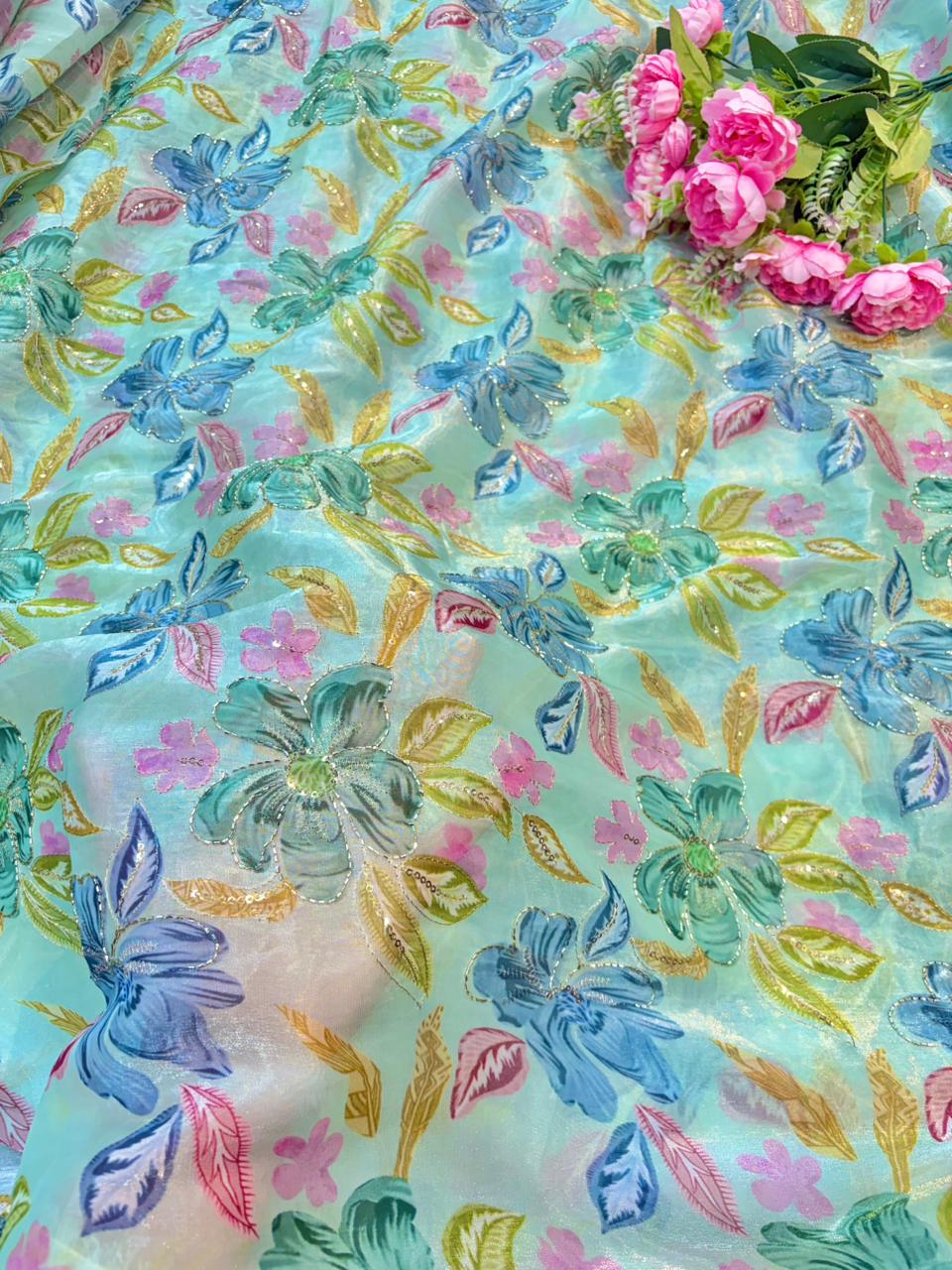 Beautiful Pastel Bloom Beaded Organza beautiful floral print width 44