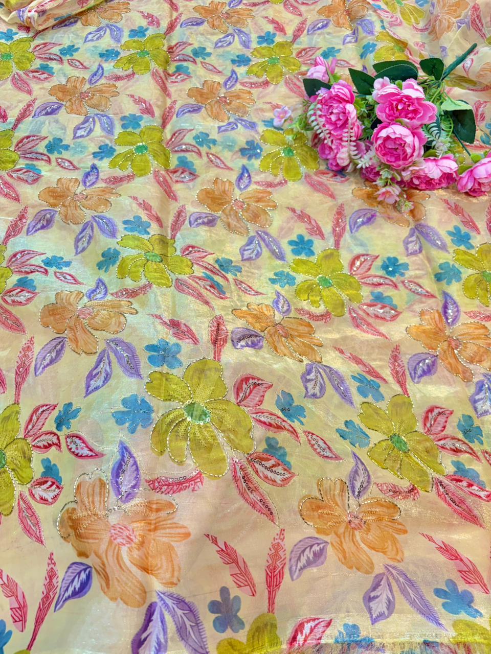 Beautiful Pastel Bloom Beaded Organza beautiful floral print width 44