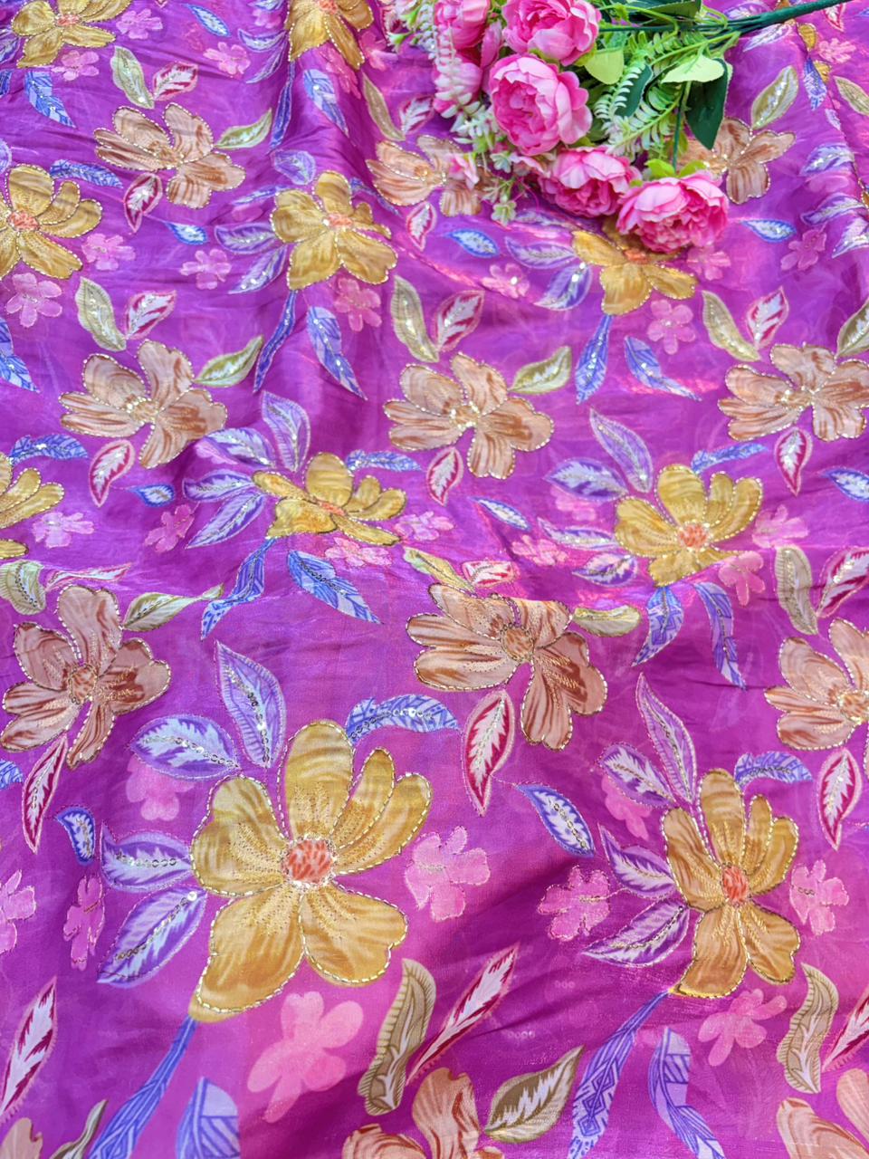 Beautiful Pastel Bloom Beaded Organza beautiful floral print width 44