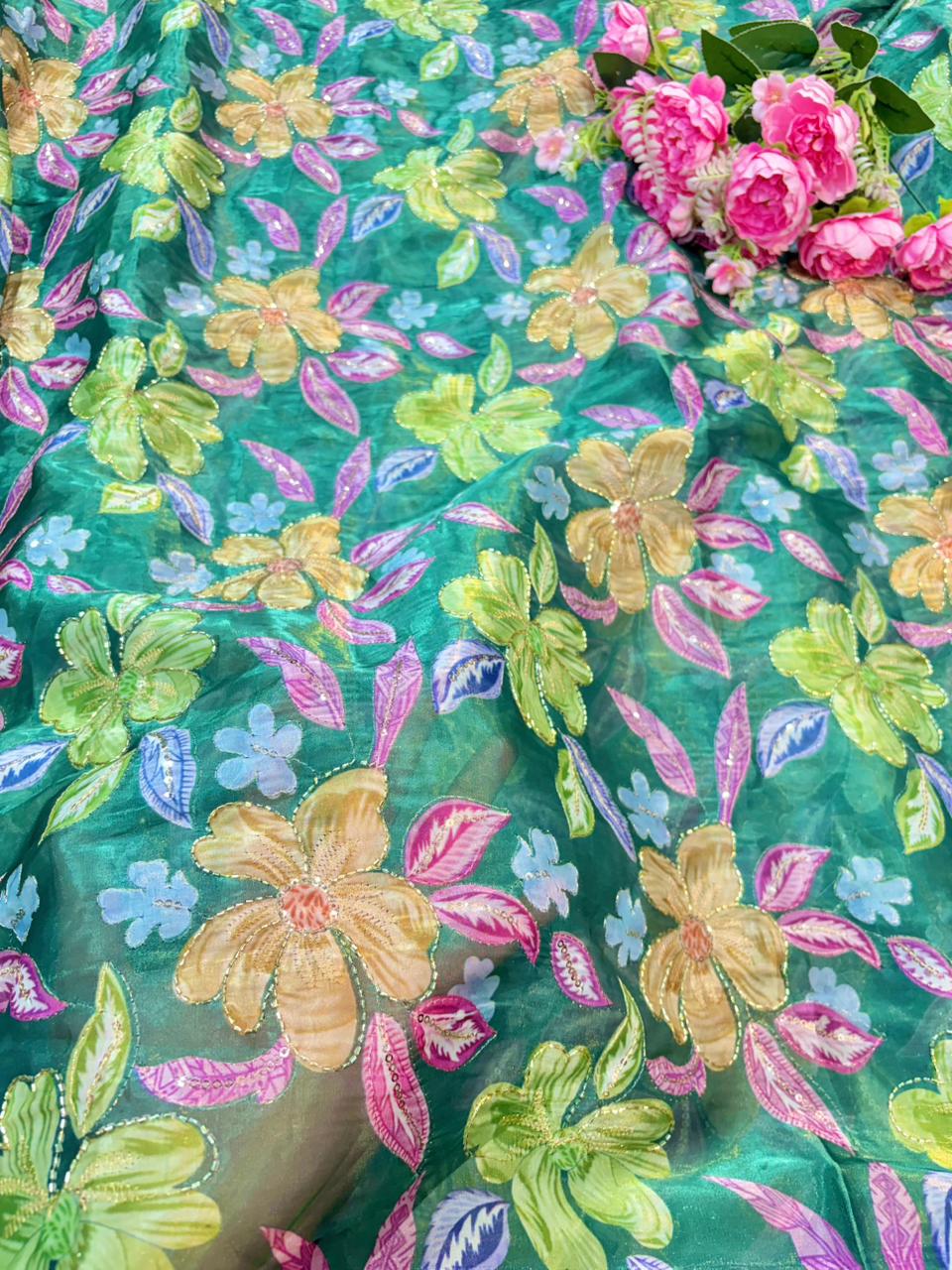 Beautiful Pastel Bloom Beaded Organza beautiful floral print width 44