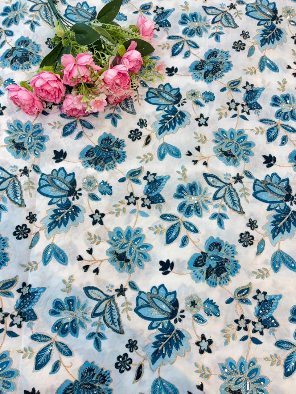 Regal Natural Crepe – Luxe Floral Sequin & Beadwork Art width 44