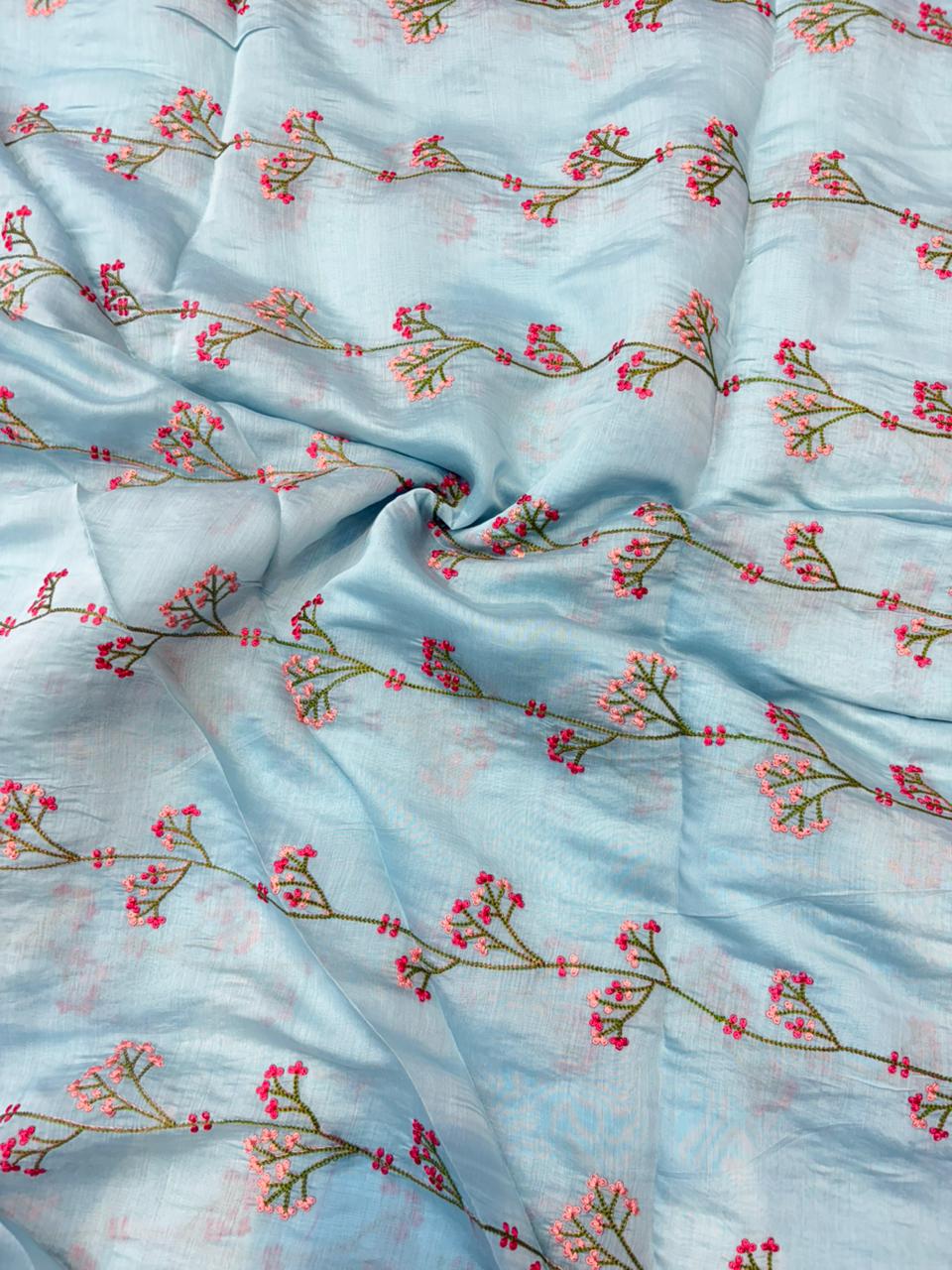 This premium fabric is a Floral Embroidered Pashmina Silk width 44