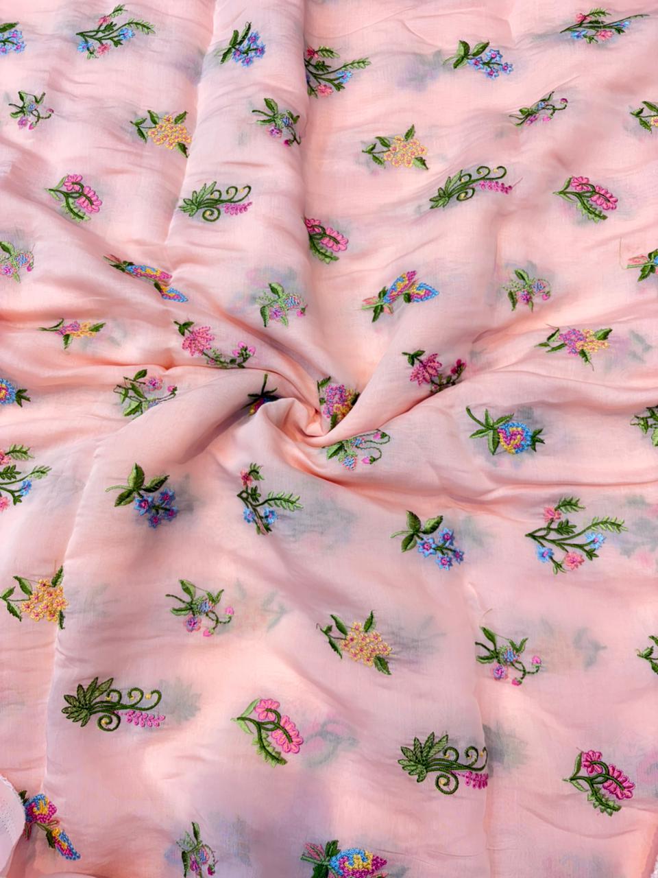 This premium fabric is a Floral Embroidered Pashmina Silk width 44