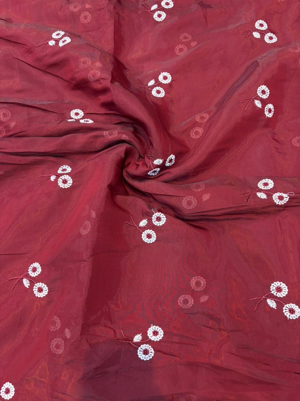 This premium fabric is a Floral Embroidered Pashmina Silk width 44
