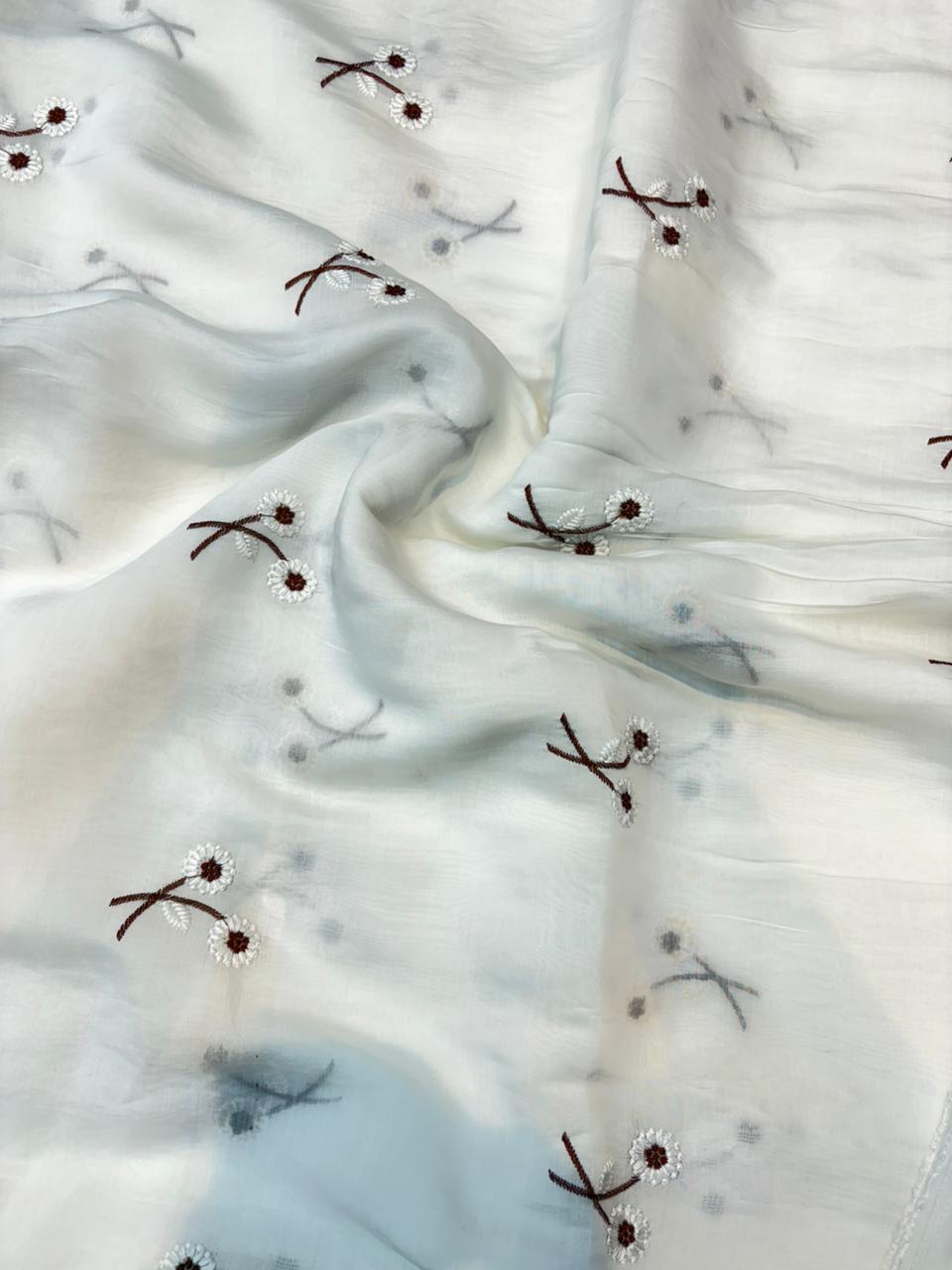 This premium fabric is a Floral Embroidered Pashmina Silk width 44
