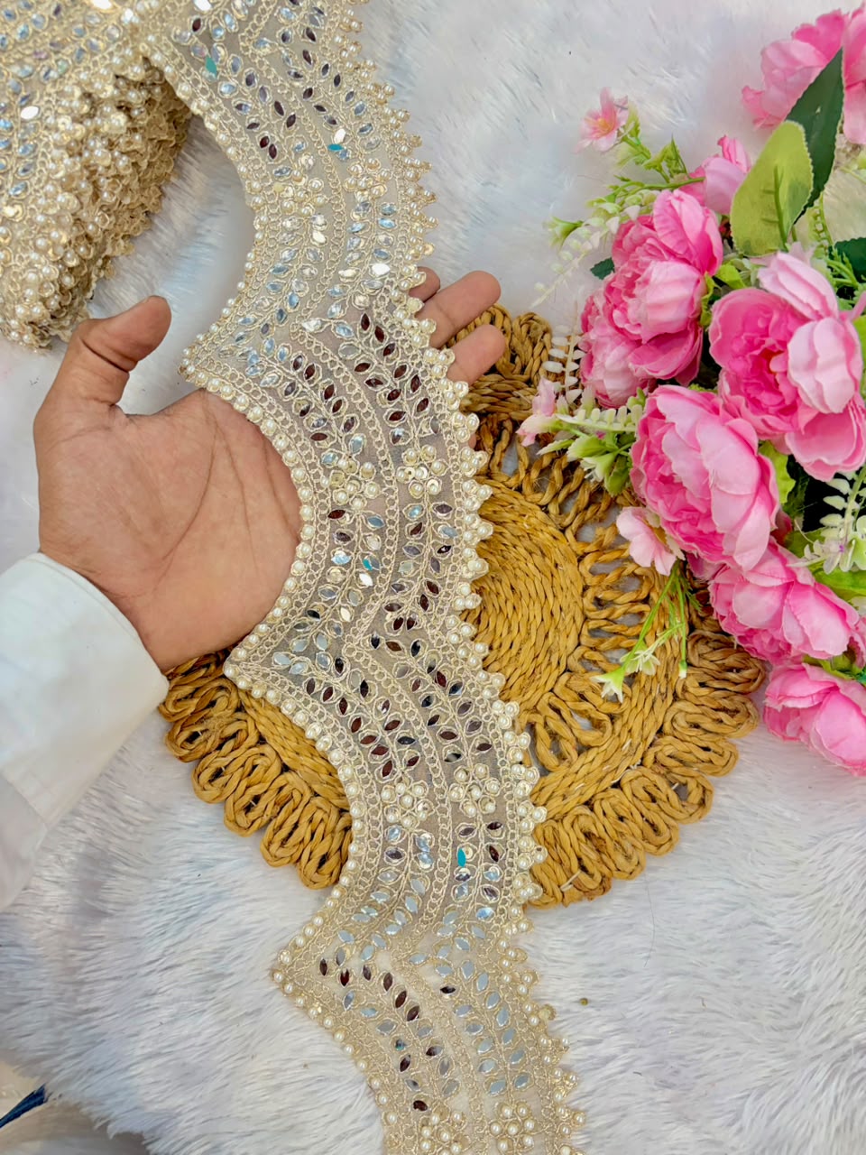 Exclusive cut work Mirror pearl Lace border pack of 9metrr 3inch