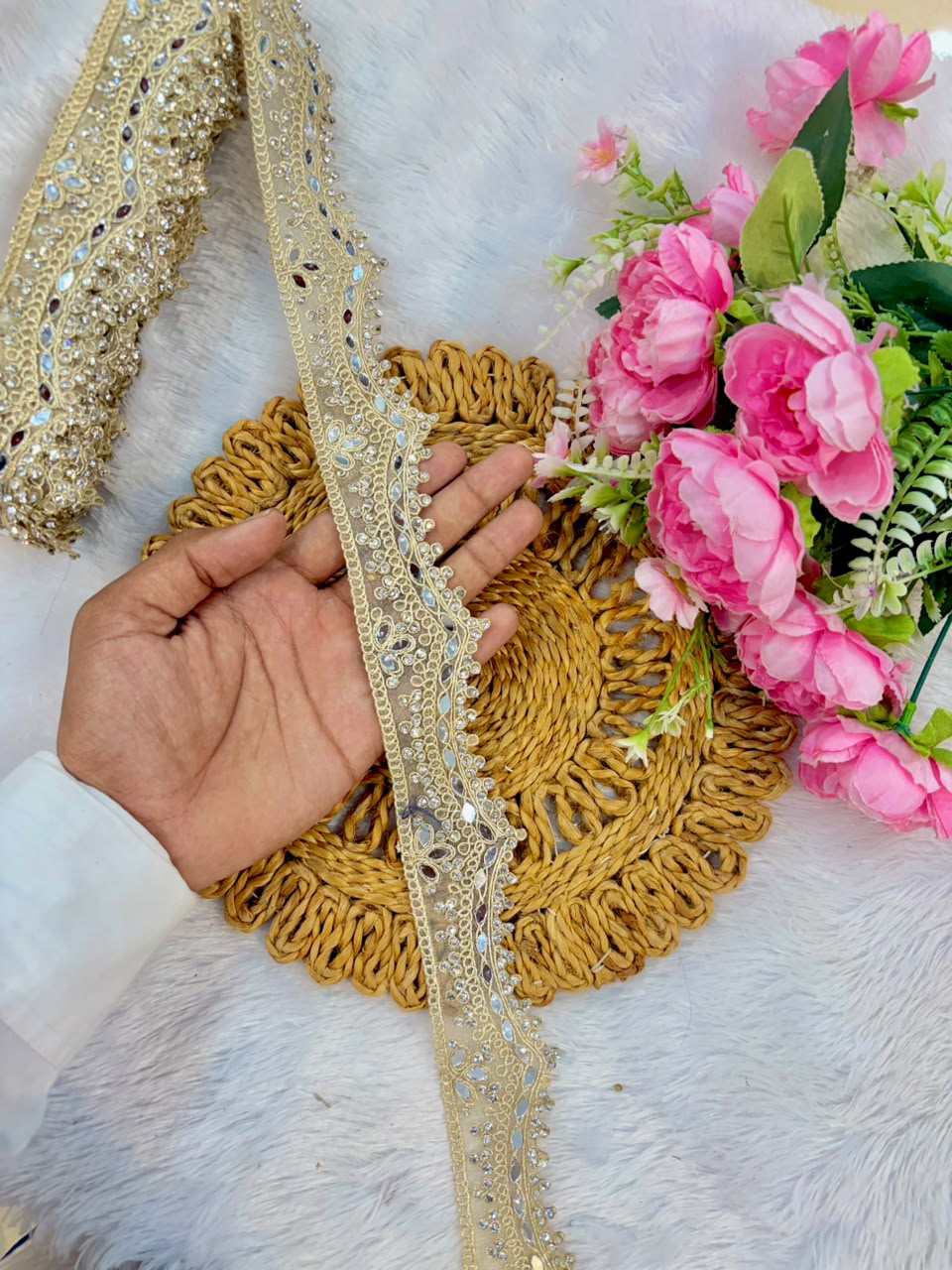 Exclusive stone mirror Lace border pack of 9metrr 2inch
