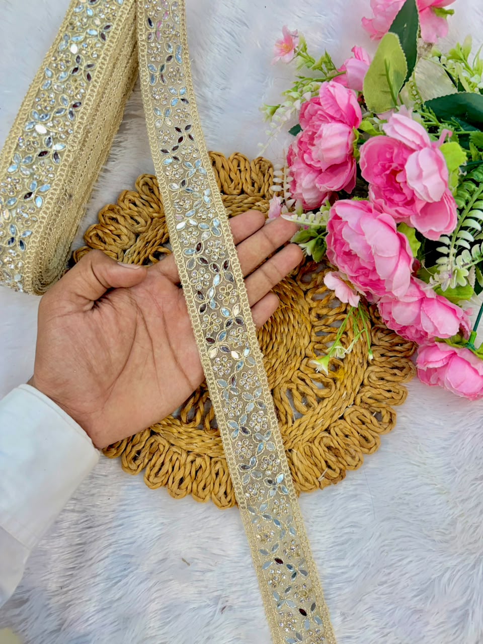 Exclusive stone Mirror Lace border pack of 9metr