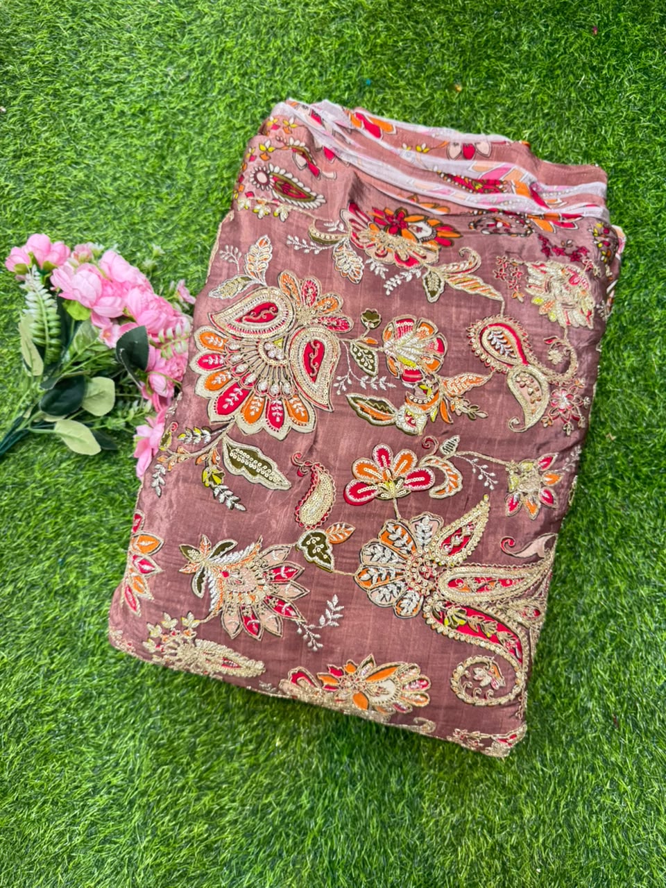 Premium Pure Natural Crêpe Fabric – Floral Embroidered Collection width 44