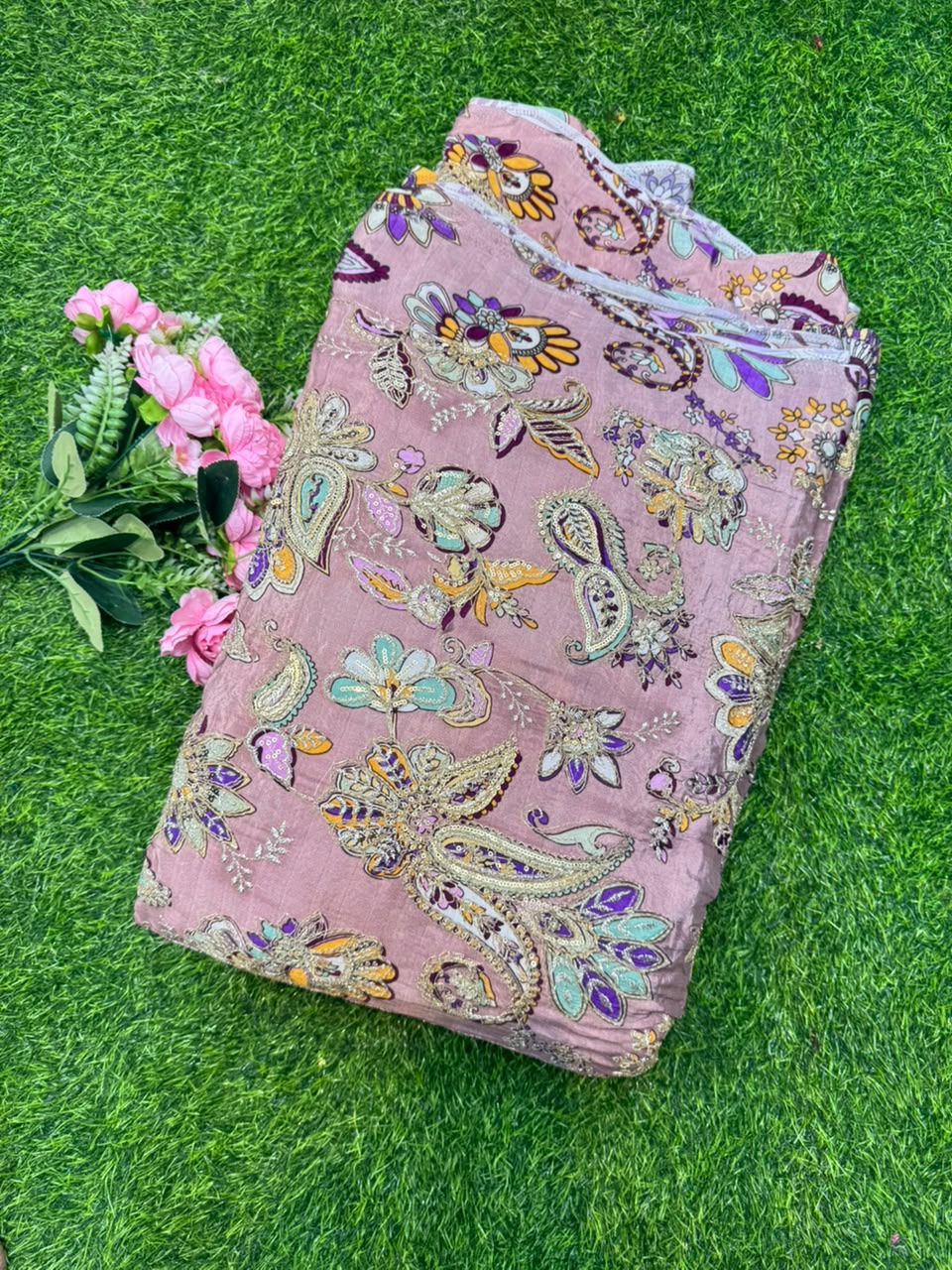 Premium Pure Natural Crêpe Fabric – Floral Embroidered Collection width 44