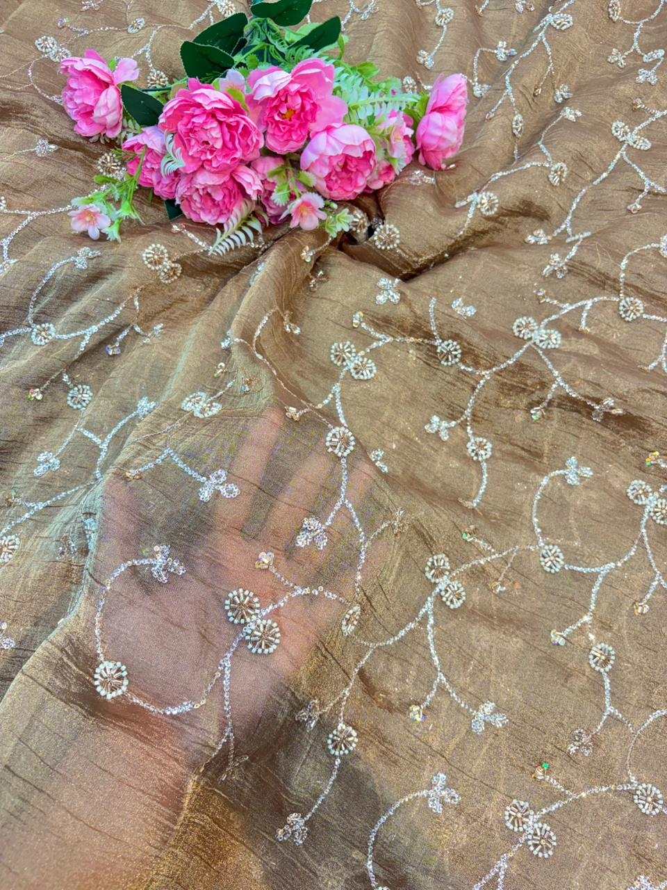 exclusive hand made Pearl Glass Tissue Fabric lehanga frock gown Sare width 44