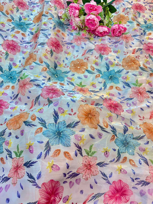 Beautiful Pastel Bloom Beaded Organza beautiful floral print width 44
