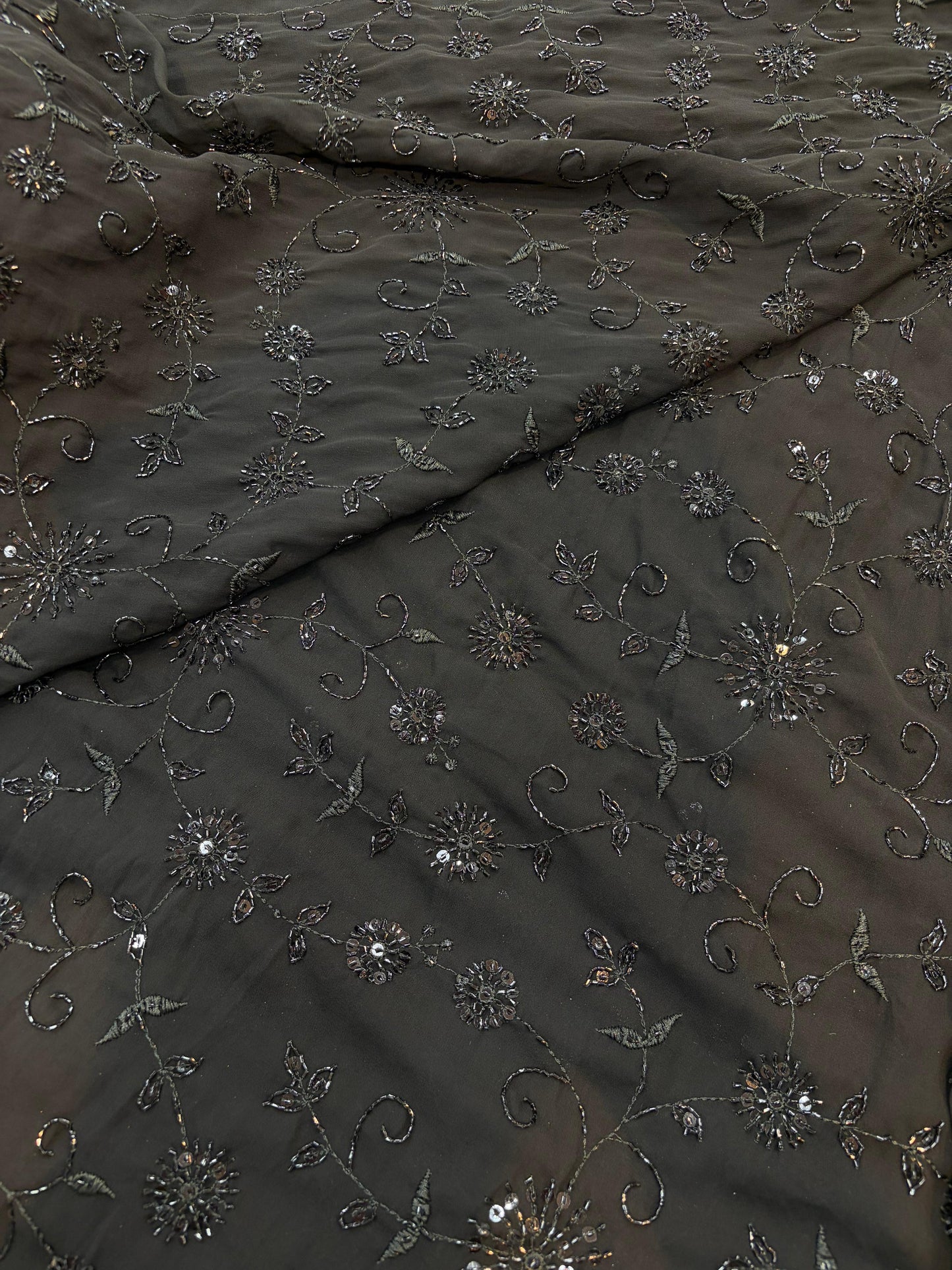 Midnight Bloom Beaded pure foog Georgette soft structure Fabric width 44 sare , frock , blouse and etc