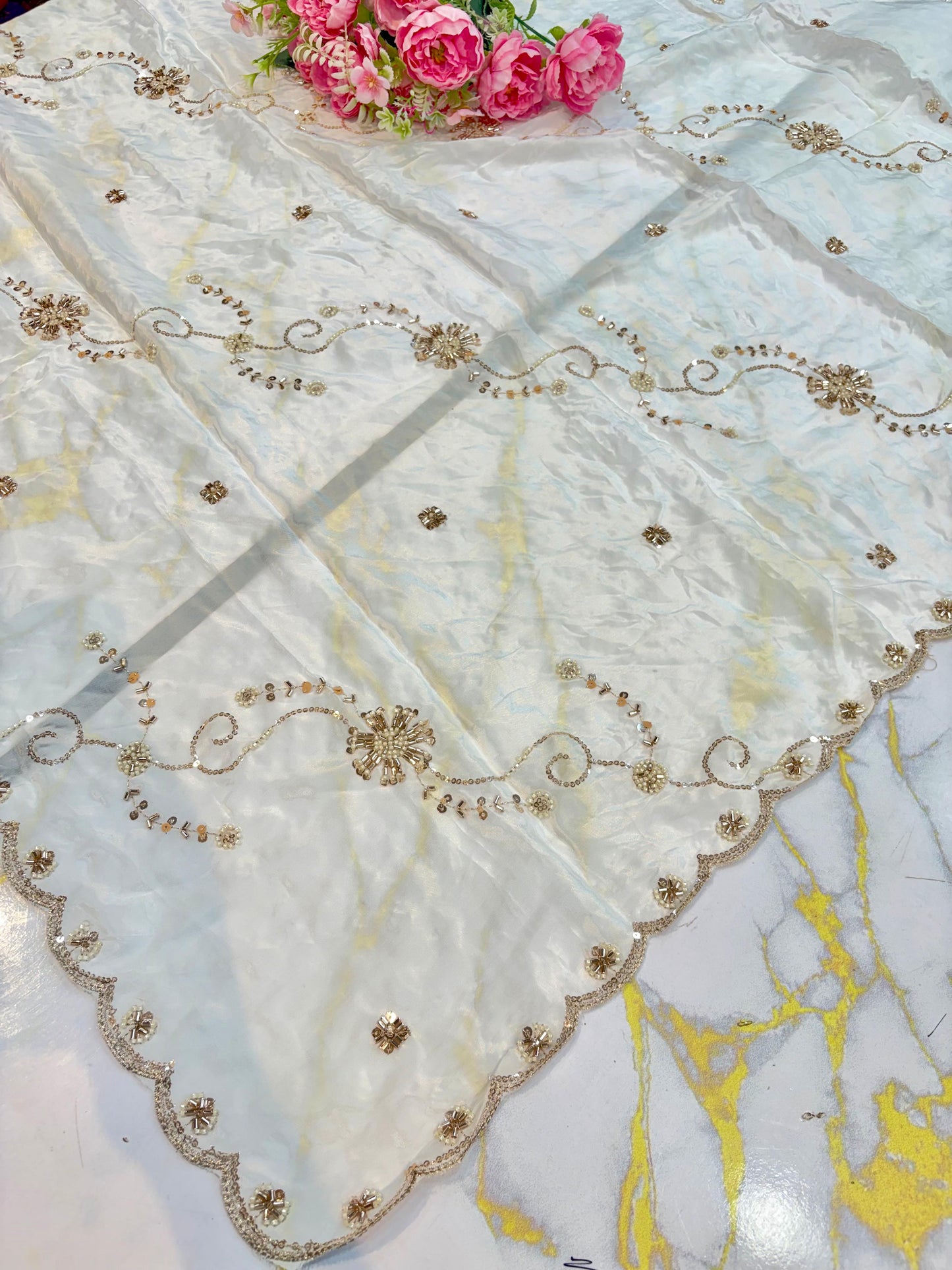💓Celestial Heritage Dupatta 100% Premium Natural Crepe a silky-smooth touch 2.75 metrr 4 side border heavy work (Copy)