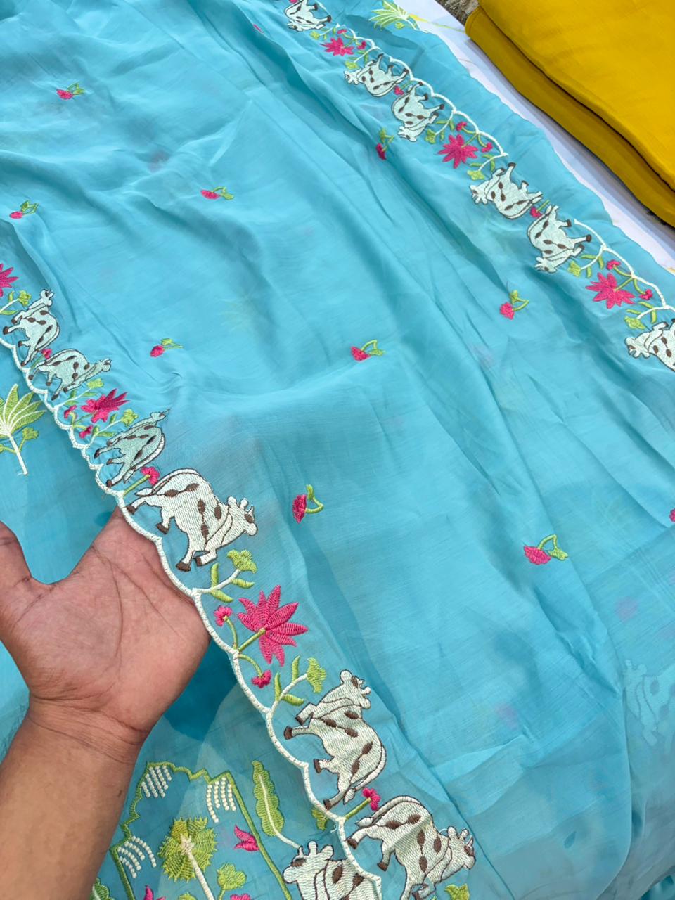 Elegant Pashmina Silk with 2 side work Dupatta with Embroidered Borders and plain width 44