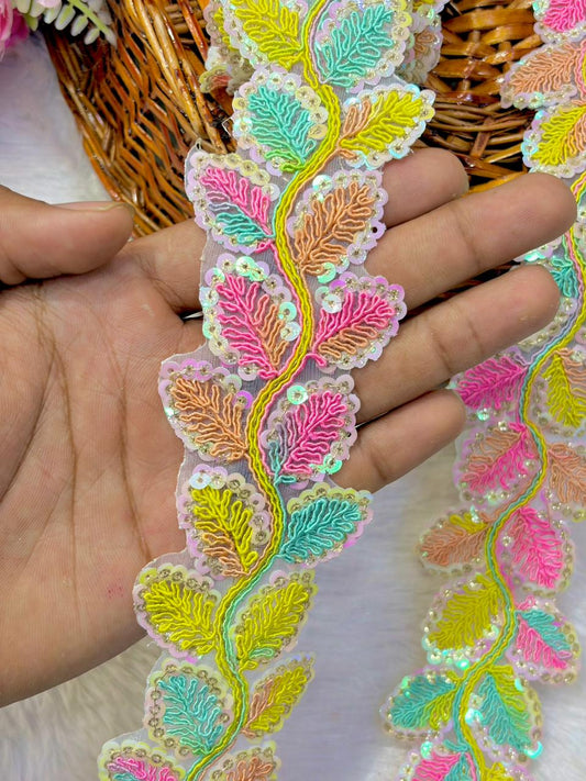 Designer Embroidered Sequin Leaf Border – Exquisite Maggam Inspired ( Handwork pack of 9 meter