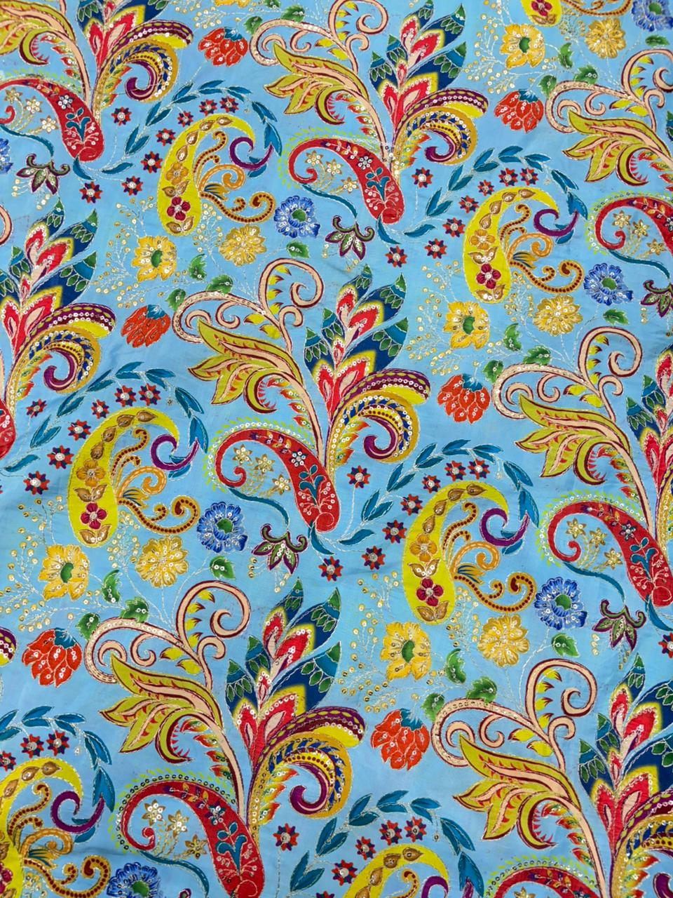 Royal Sky Blue Paisley Floral Printed Fabric – 44″ Width | Saree & Frock Gown Use