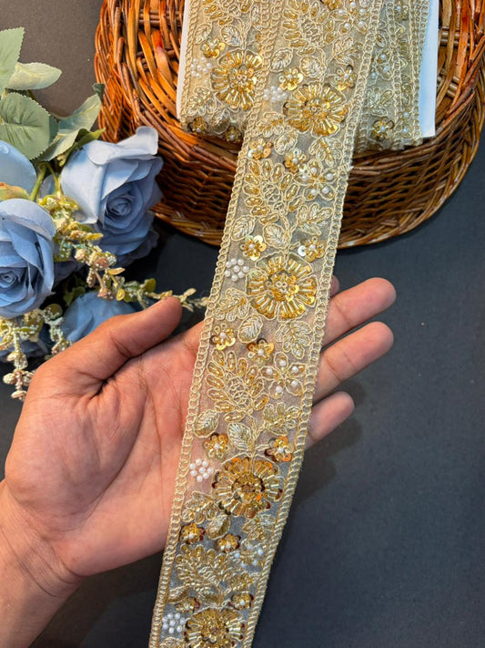 Luxury Gold handmade Sequin & Pearl Work Lace Border Pack (9 meter roll)