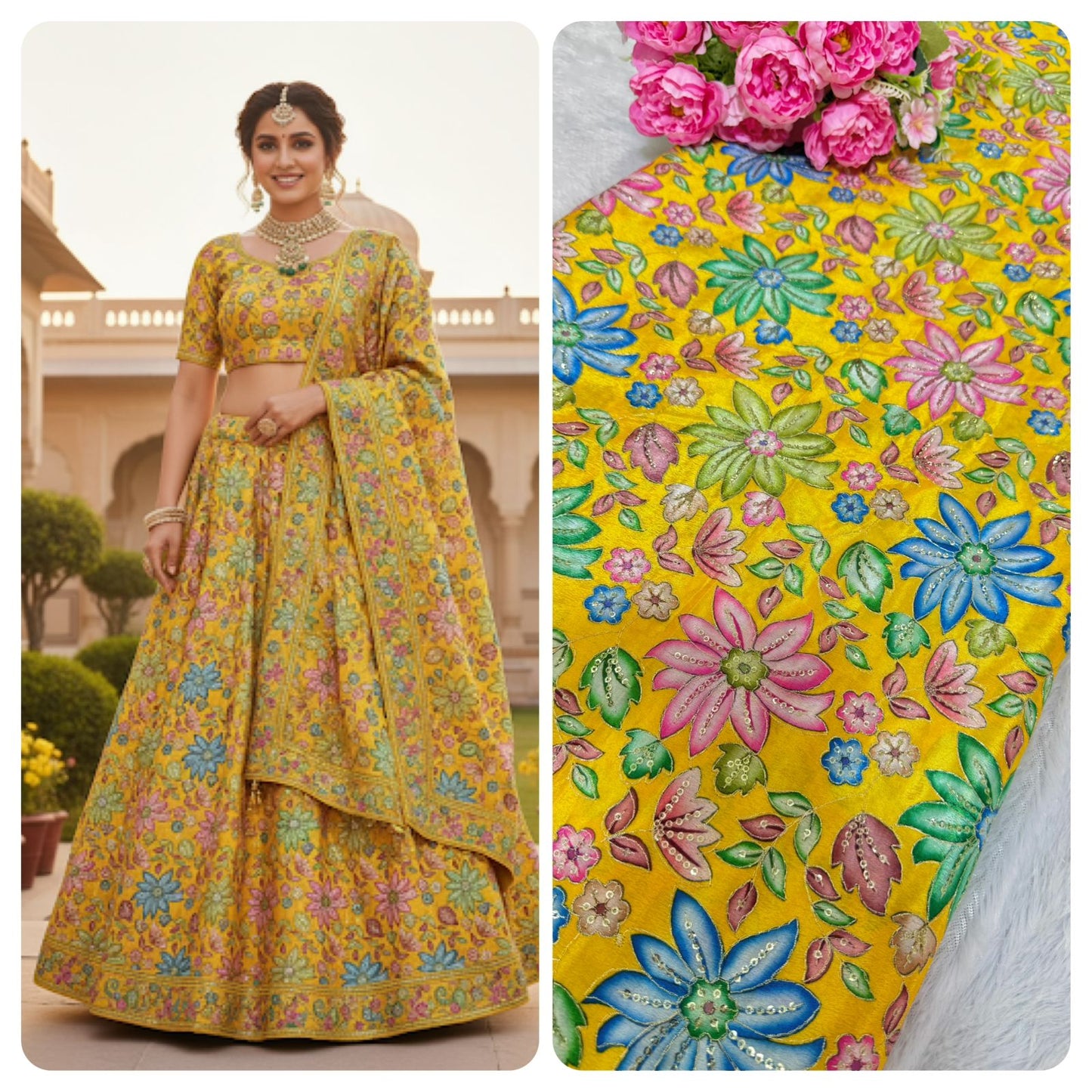 Pure chinon fabrics with multi flower 💐 44inch width blouse lehanga dress frock