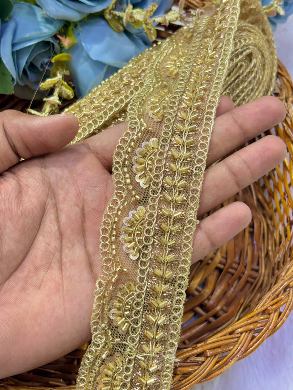 ✨ Premium Golden hand made Embroidered Zari Lace – Elegant Decorative Border pack of 9 meter rose golden