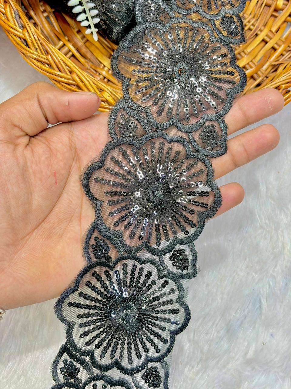 Premium black Floral Sequin Embroidered Net Lace Border pack of 9 meter