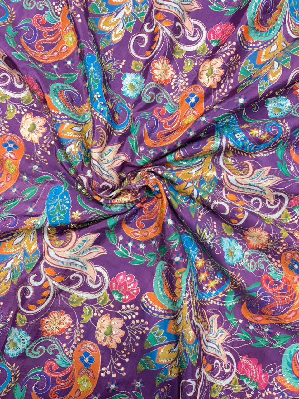 Royal Purple Paisley Floral Printed Fabric – 44″ Width | Saree & Frock Gown Use PURPLE