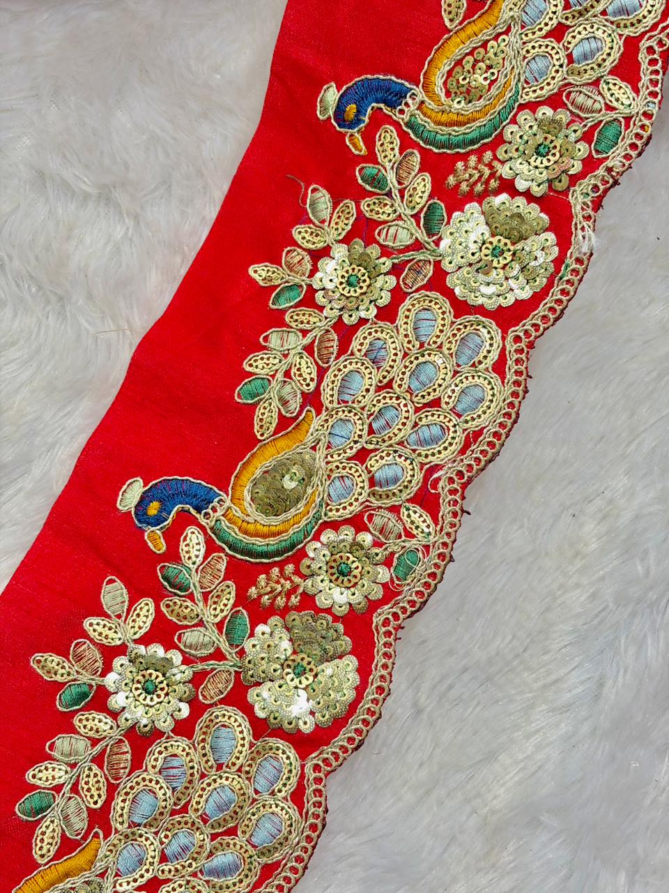 Peacock LACE BORDER FABRIC RAW SILK Embroidered Lace Border – Premium Zari & Thread Work (9 Meter)
