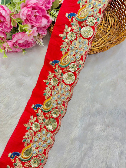 Peacock LACE BORDER FABRIC RAW SILK  Embroidered Lace Border – Premium Zari & Thread Work (9 Meter)