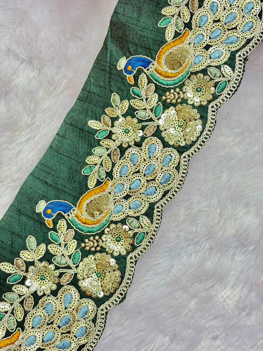 Peacock LACE BORDER FABRIC RAW SILK Embroidered Lace Border – Premium Zari & Thread Work (9 Meter)