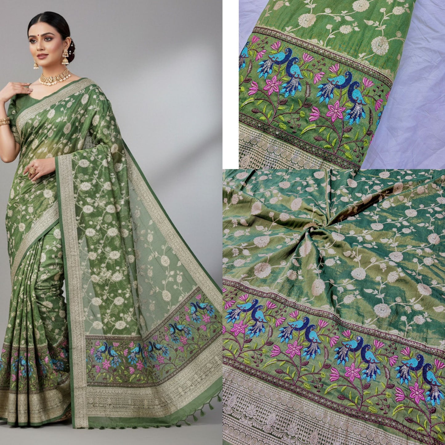 Banarasi Jacquard Silk Fabric with Peacock Embroidery Border | Floral Zari Design Fabric for Saree, Lehenga, Dupatta & Gown 44-45 width panna