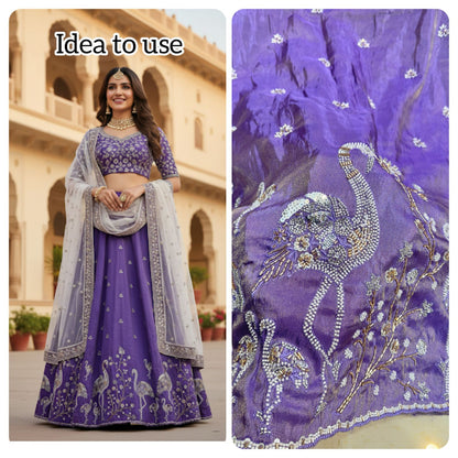 👗🥻نسيج فيسكوز فاخر يدوي الصنع مع تطريز على القماش - تطريز يدوي يدوي على شكل بيع Swan &amp; Floral Motif، عرض 60 بوصة