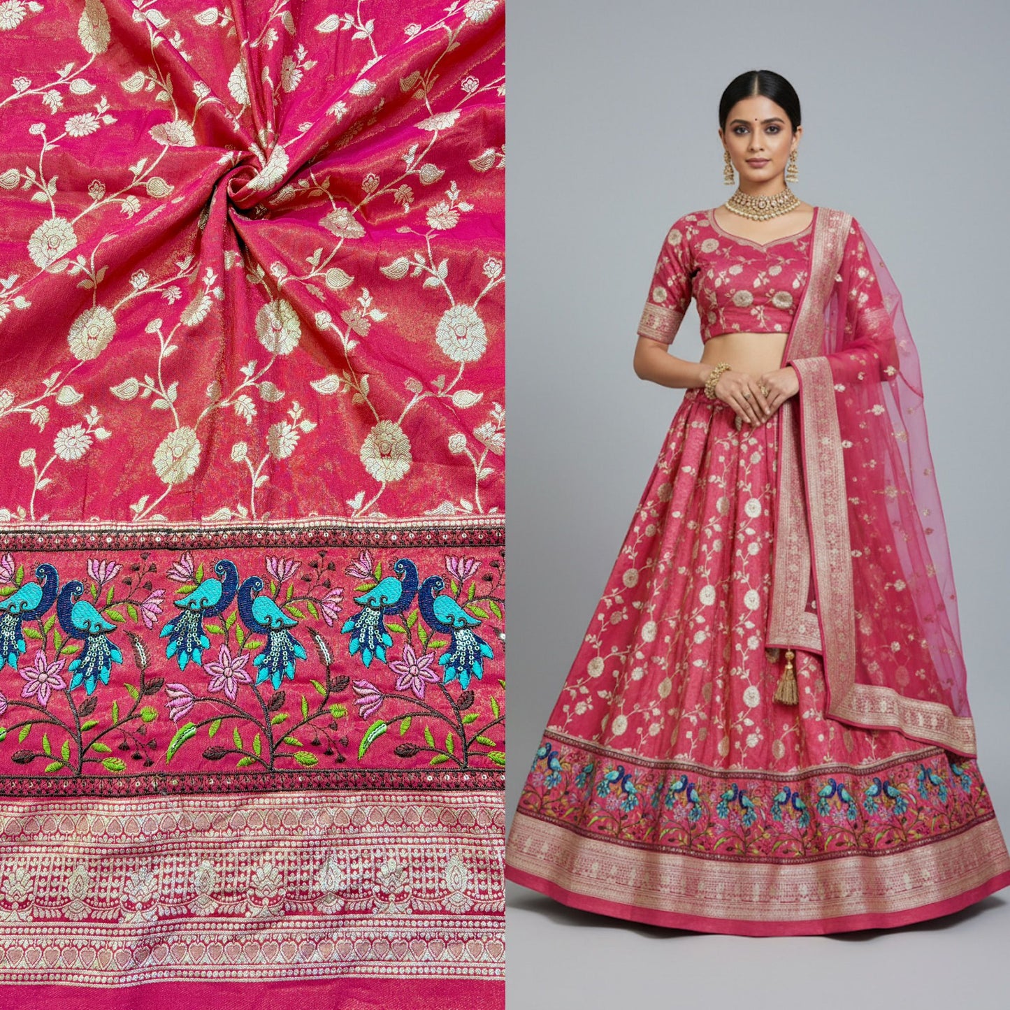 Banarasi Jacquard Silk Fabric with Peacock Embroidery Border | Floral Zari Design Fabric for Saree, Lehenga, Dupatta & Gown 44-45 width panna