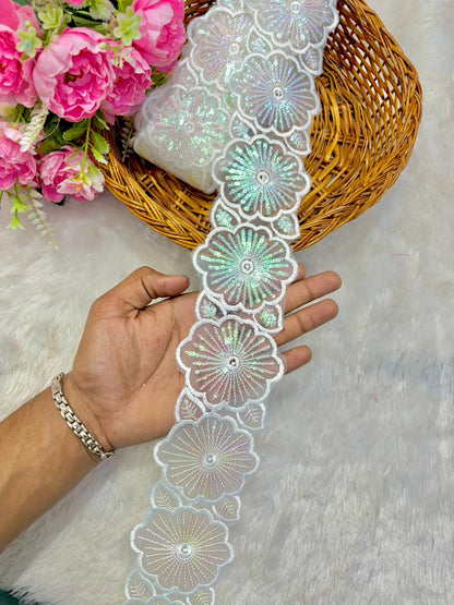 Premium White Floral Sequin✅dyble  Embroidered Net Lace Border multi sequince( pack of 9 mter )