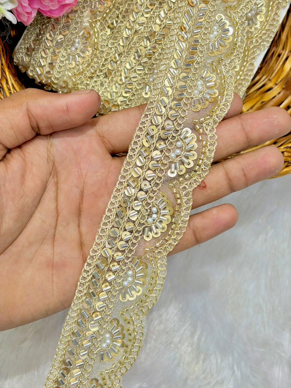 Handmade Premium Gold Embroidered Lace Border – Pack of 9 Meter MAGGAM LACE
