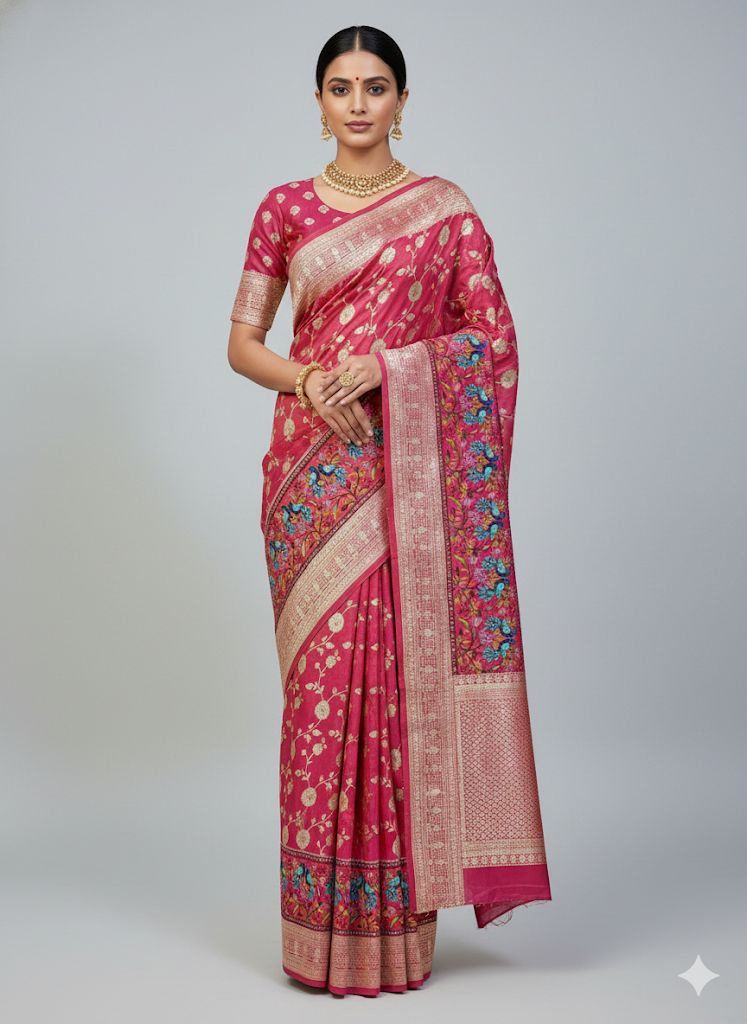 Banarasi Jacquard Silk Fabric with Peacock Embroidery Border | Floral Zari Design Fabric for Saree, Lehenga, Dupatta & Gown 44-45 width panna