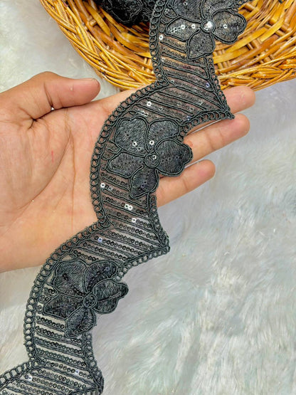 Premium Black Floral Embroidered Scalloped Lace Border pack of 9 meter