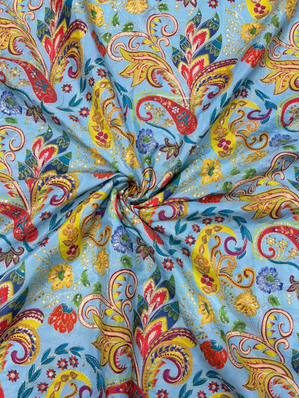 Royal Sky Blue Paisley Floral Printed Fabric – 44″ Width | Saree & Frock Gown Use