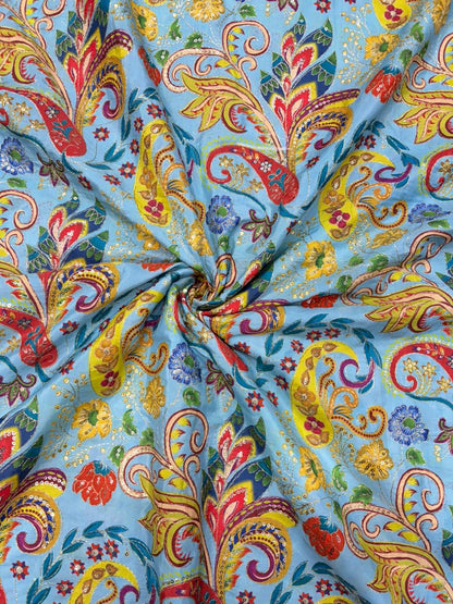 Royal Sky Blue Paisley Floral Printed Fabric – 44″ Width | Saree & Frock Gown Use