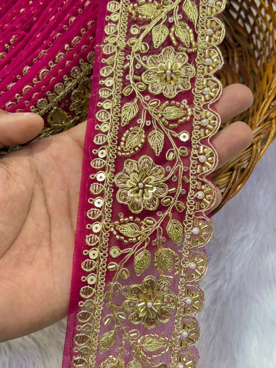 ✨ Premium Golden Embroidered Zari Lace – Elegant Decorative Border pack of 9 meter PINK COLOUR