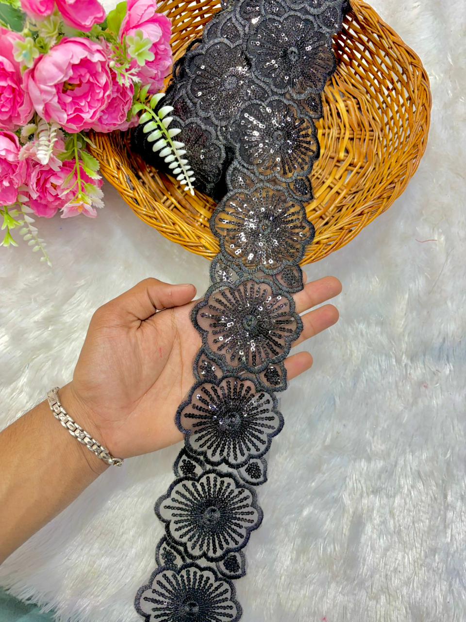 Premium black Floral Sequin Embroidered Net Lace Border pack of 9 meter