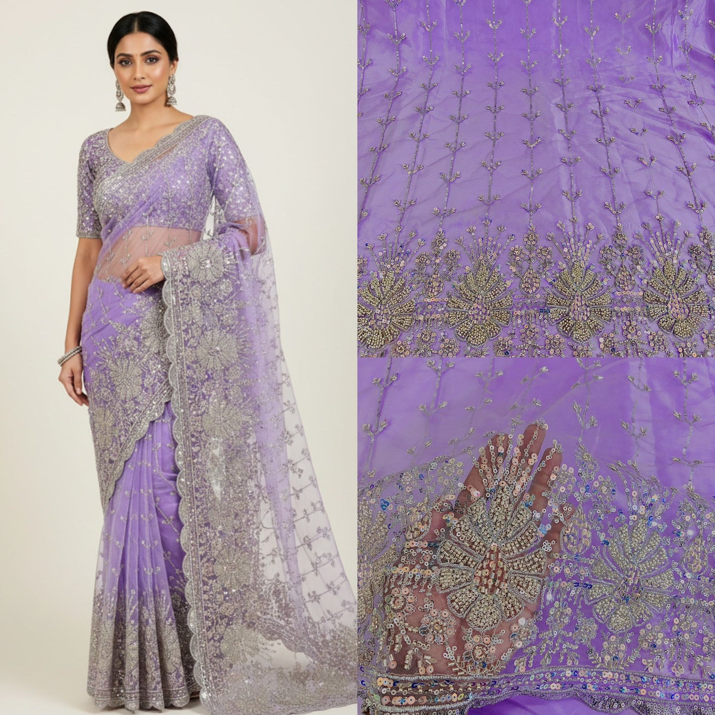 Heavy Sequin handwork net Embroidered Net Fabric for, Saree, Gown & Lehenga Design – Pink Base Designer Embroidery Fabric 50 width panna