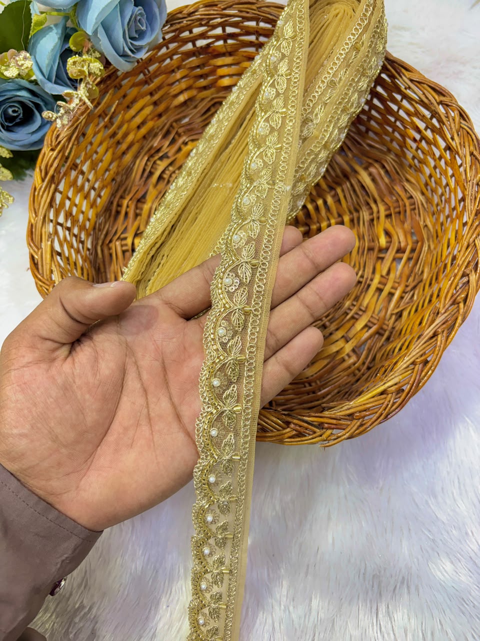 ✨ Premium Golden hand made  Embroidered Zari Lace – Elegant Decorative Border pack of 9 meter golden