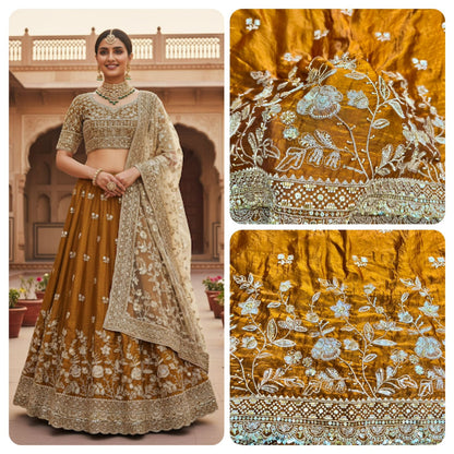 قماش فاخر 👗 من نوع فندي، مزين بزخارف زهور وحبات خرز يدوية مع تطريز ذهبي، مناسب لفساتين الساري، واللّهانغا، والأناكلالي، والفساتين الطويلة، إلخ، بعرض 44-45 بوصة.