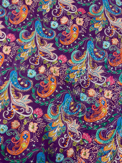 Royal Purple Paisley Floral Printed Fabric – 44″ Width | Saree & Frock Gown Use PURPLE