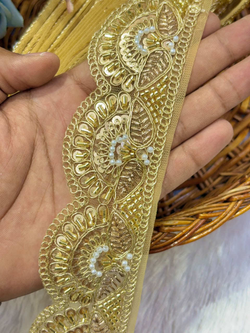 ✨ Premium Golden hand made  Embroidered Zari Lace – Elegant Decorative Border pack of 9 meter golden