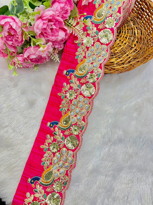 Peacock LACE BORDER FABRIC RAW SILK Embroidered Lace Border – Premium Zari & Thread Work (9 Meter)