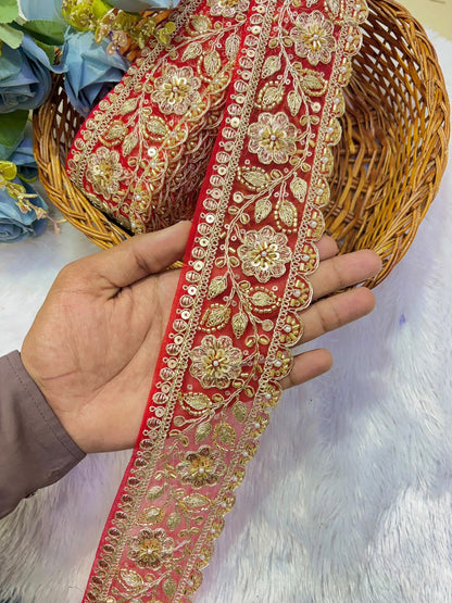 ✨ Premium Golden Embroidered Zari Lace – Elegant Decorative Border pack of 9 meter BRIDAL RED LACE