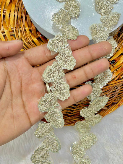 🥻Premium Golden Leaf Embroidered Lace Border for Saree & Lehenga (pack of 9 meter) PANI COLOUR