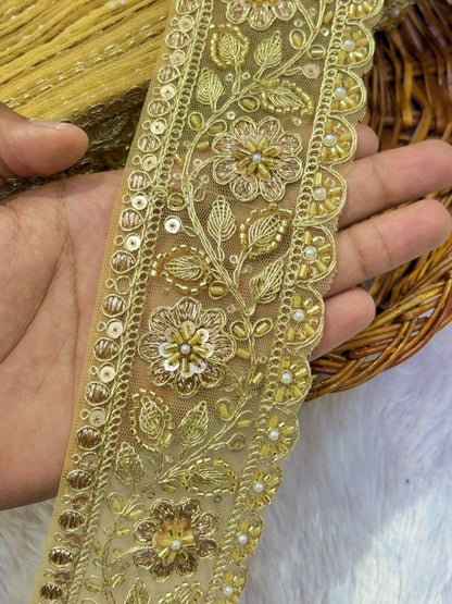 ✨ Premium Golden Embroidered Zari Lace – Elegant Decorative Border pack of 9 meter GOLD COLOUR