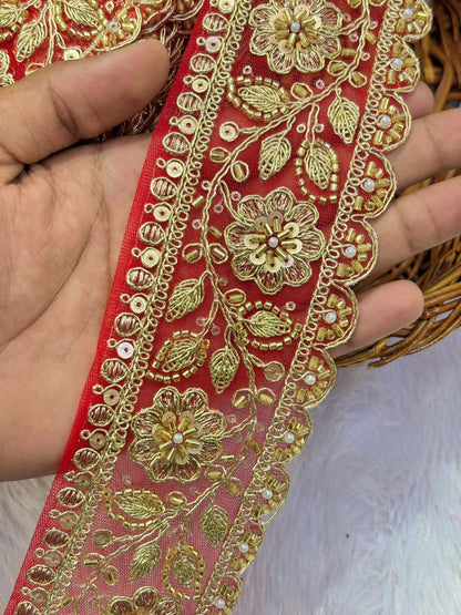 ✨ Premium Golden Embroidered Zari Lace – Elegant Decorative Border pack of 9 meter BRIDAL RED LACE
